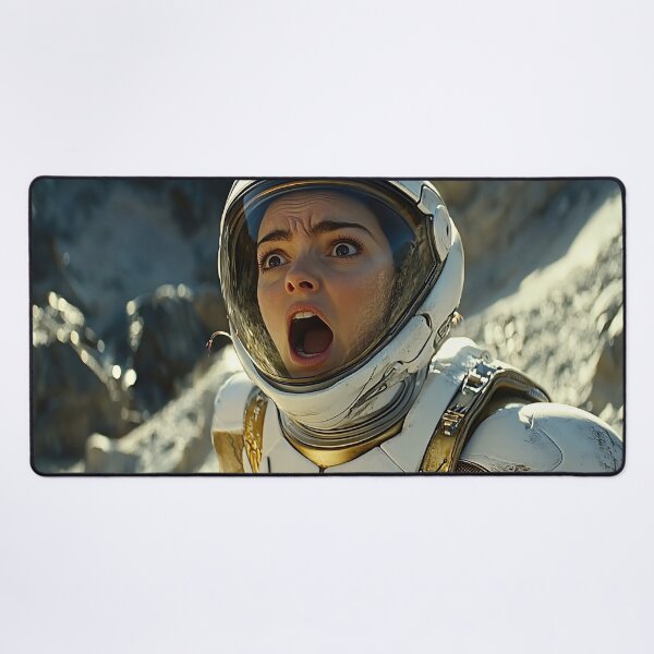 Item preview, A person in an astronaut suit looks up with a startled expression, set against a rocky, desolate background. designed and sold by anytka.