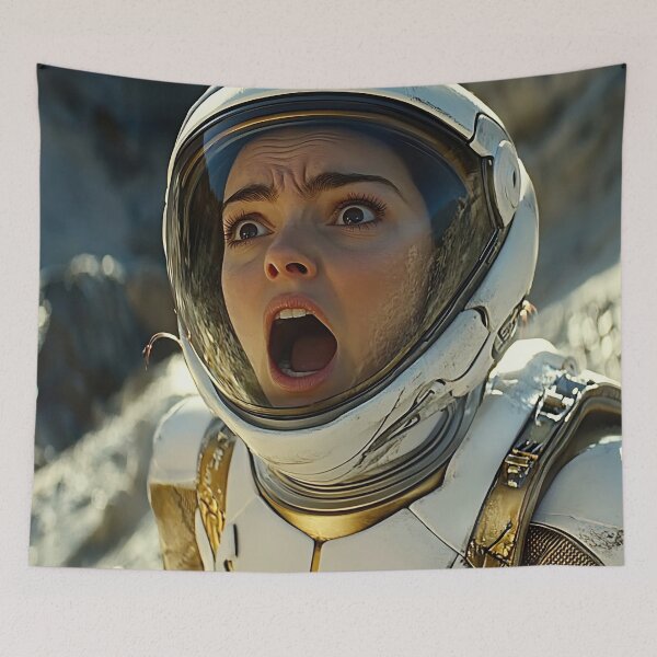 Item preview, A person in an astronaut suit looks up with a startled expression, set against a rocky, desolate background.  designed and sold by anytka.