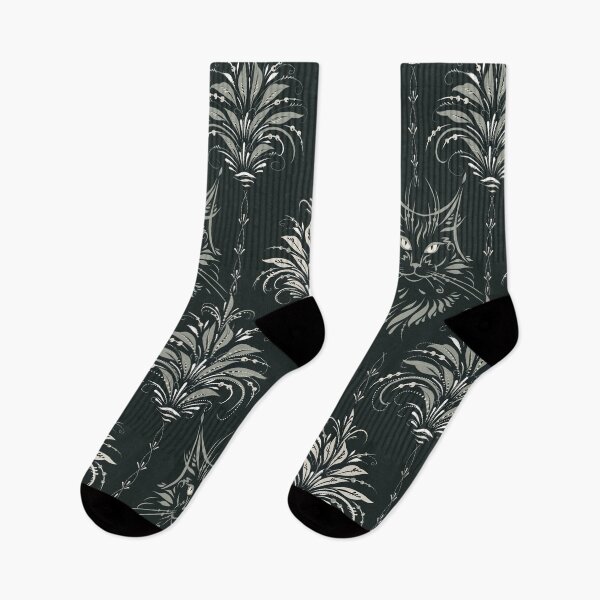 Item preview, Baroque Cat & Floral Damask – Vintage-Inspired Cat Pattern - Black and White designed and sold by wild.geranium.design.