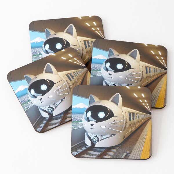 Item preview, Futuristic cat shaped cat head black and white train suburban city railway design designed and sold by EmeraldeaArt.