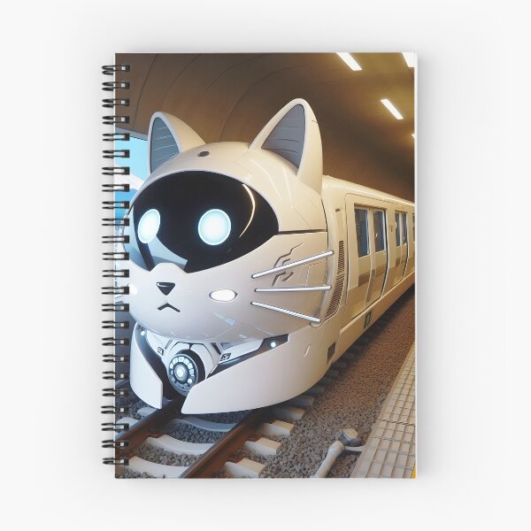 Item preview, Futuristic cat shaped cat head black and white train suburban city railway design designed and sold by EmeraldeaArt.