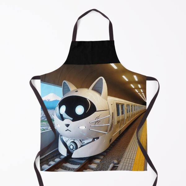 Item preview, Futuristic cat shaped cat head black and white train suburban city railway design designed and sold by EmeraldeaArt.