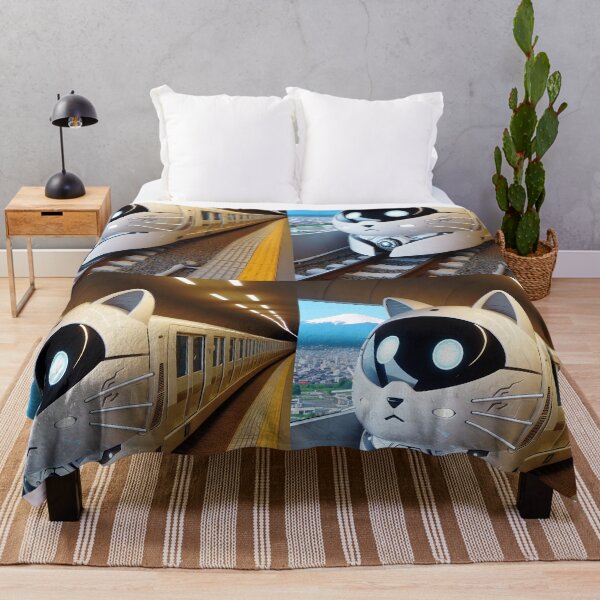 Item preview, Futuristic cat shaped cat head black and white train suburban city railway design designed and sold by EmeraldeaArt.