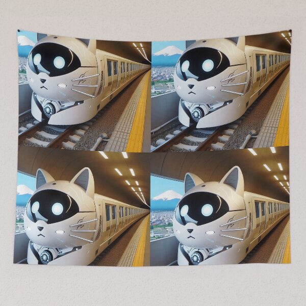 Item preview, Futuristic cat shaped cat head black and white train suburban city railway design designed and sold by EmeraldeaArt.