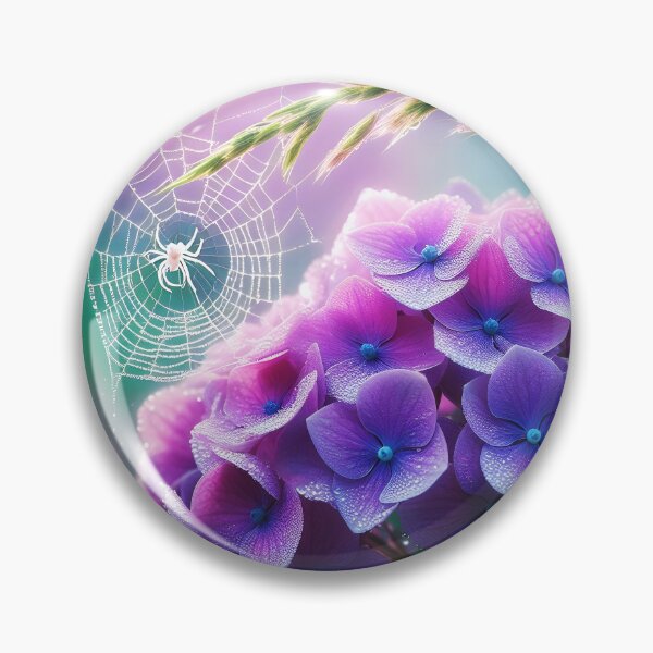 Item preview, purple hydrangea Tiny white spider and spiderweb realistic digitalart after rain raindrops designed and sold by EmeraldeaArt.