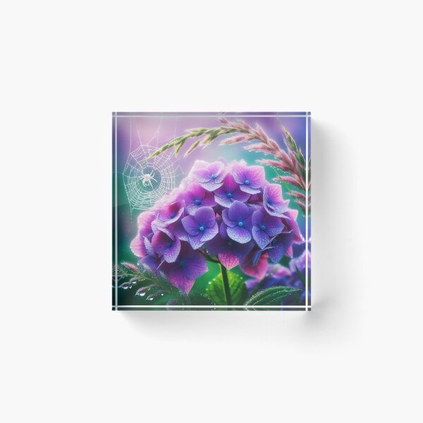 Item preview, purple hydrangea Tiny white spider and spiderweb realistic digitalart after rain raindrops designed and sold by EmeraldeaArt.
