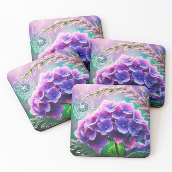 Item preview, purple hydrangea Tiny white spider and spiderweb realistic digitalart after rain raindrops designed and sold by EmeraldeaArt.