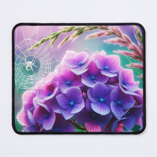 Item preview, purple hydrangea Tiny white spider and spiderweb realistic digitalart after rain raindrops designed and sold by EmeraldeaArt.