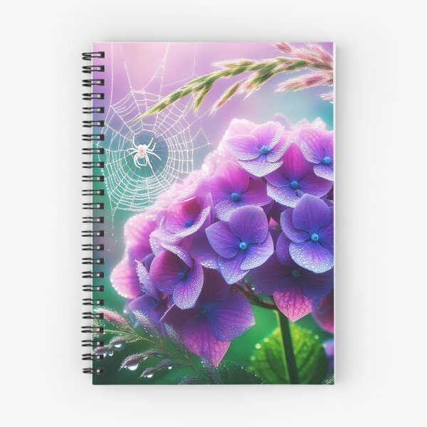 Item preview, purple hydrangea Tiny white spider and spiderweb realistic digitalart after rain raindrops designed and sold by EmeraldeaArt.
