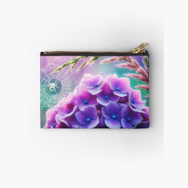 Item preview, purple hydrangea Tiny white spider and spiderweb realistic digitalart after rain raindrops designed and sold by EmeraldeaArt.