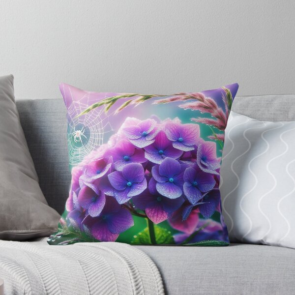 Item preview, purple hydrangea Tiny white spider and spiderweb realistic digitalart after rain raindrops designed and sold by EmeraldeaArt.