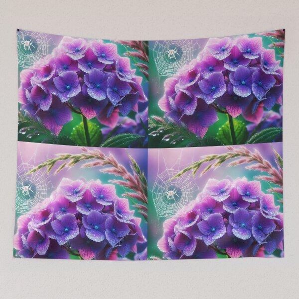 Item preview, purple hydrangea Tiny white spider and spiderweb realistic digitalart after rain raindrops designed and sold by EmeraldeaArt.