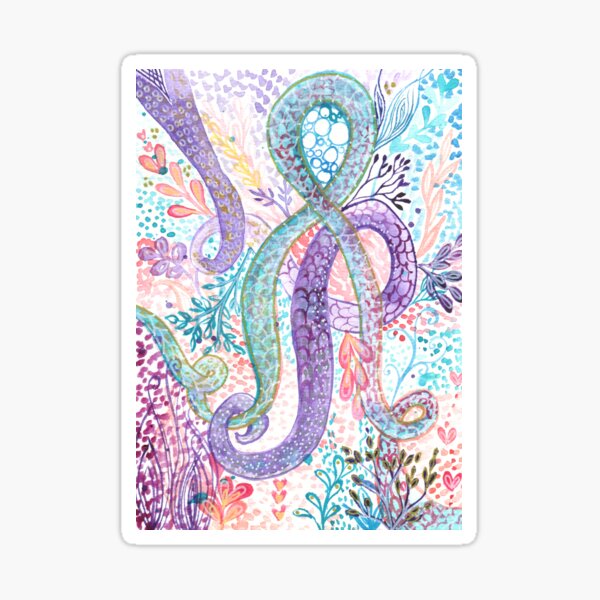Artikel-Vorschau von Intertwined 3 - Intuitives abstraktes Aquarell in Blaugrün und Lila mit Korallenakzenten, das an zwei ineinander verschlungene Meerestiere erinnert, designt und verkauft von klbailey.