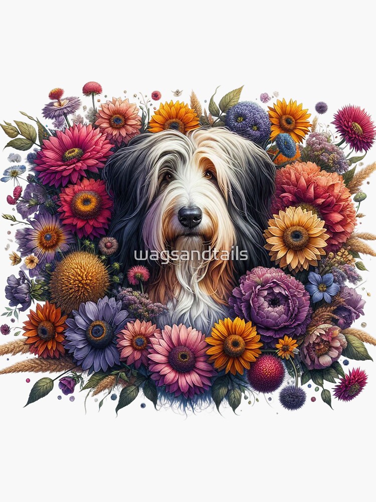 Thumbnail 3 of 3, Sticker, Beared Collie Loves Flowers designed and sold by wagsandtails.