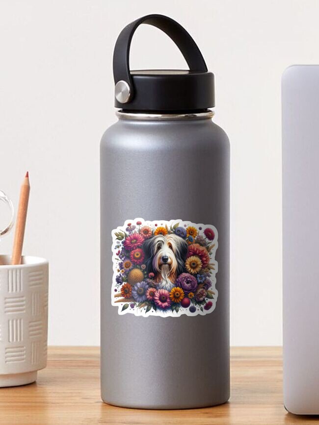 Thumbnail 1 of 3, Sticker, Beared Collie Loves Flowers designed and sold by wagsandtails.