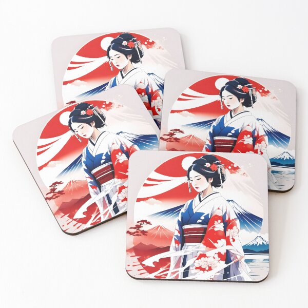 Item preview, Beautiful Japanese geisha in flowers,  kimono, red watercolour style designed and sold by Coolparrotgirl.