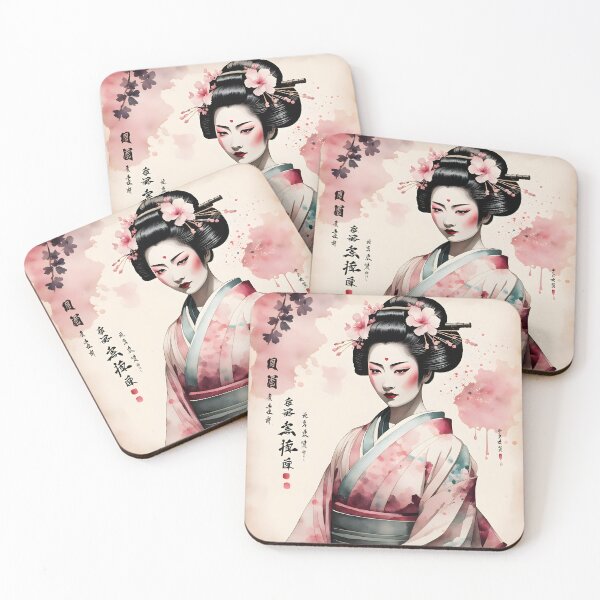 Item preview, Beautiful Japanese geisha in flowers,  kimono, pink watercolour style designed and sold by Coolparrotgirl.