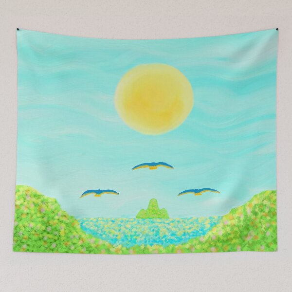 Item preview, Three blue birds flying towards a green island designed and sold by greenPQBstudio.