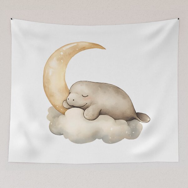 Item preview, manatee. Cute baby manatee sleeping on a cloud with a crescent moon designed and sold by Anastasiia Yurevych.