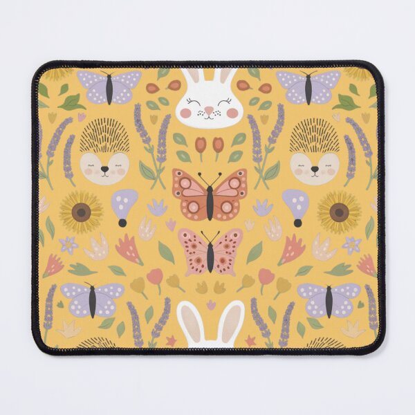 Item preview,  sweet faces of rabbits, hedgehogs, and butterflies surrounded by sprigs of lavender, sunflower petals, and small leafy branches designed and sold by 123ks.