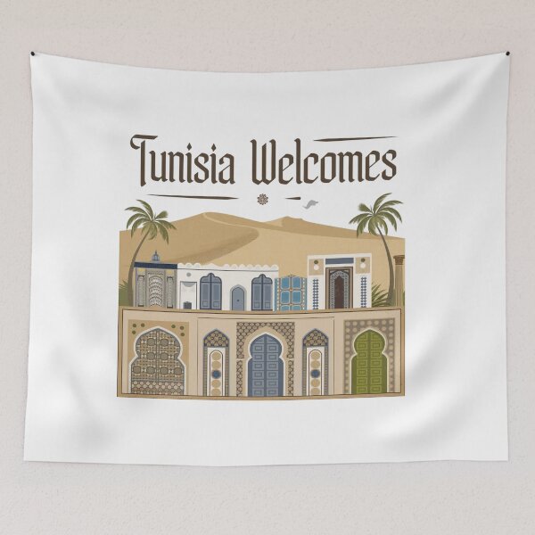 Item preview, Tunisia Welcomes Flag Map Sahara, the amphitheater in El Jem designed and sold by AnimalsDH305.