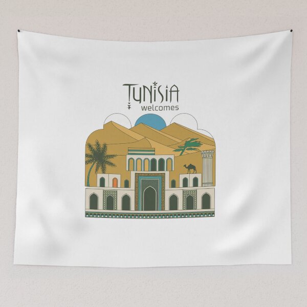 Item preview, Tunisia Welcomes Flag Map Sahara, the amphitheater in El Jem designed and sold by AnimalsDH305.