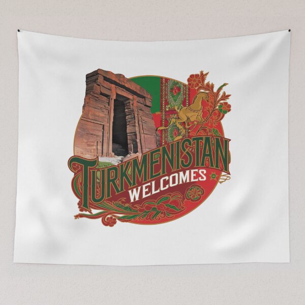 Item preview, Turkmenistan Welcomes Flag Map Darvaza crater, Karakum desert designed and sold by AnimalsDH305.