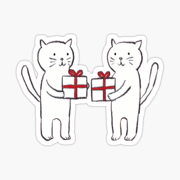 Cats exchanging gifts with each other, blotting-pen style touch Sticker