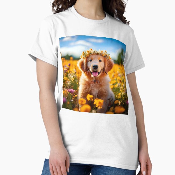 Artikel-Vorschau von süßer Golden Retriever Welpe mit einer Tiara im Blumengarten, designt und verkauft von MeAesthetics.