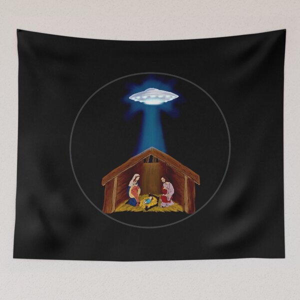 Aperçu de l'œuvre Crèche de la Nativité avec étoile OVNI créée et vendue par SpaceAlienTees.