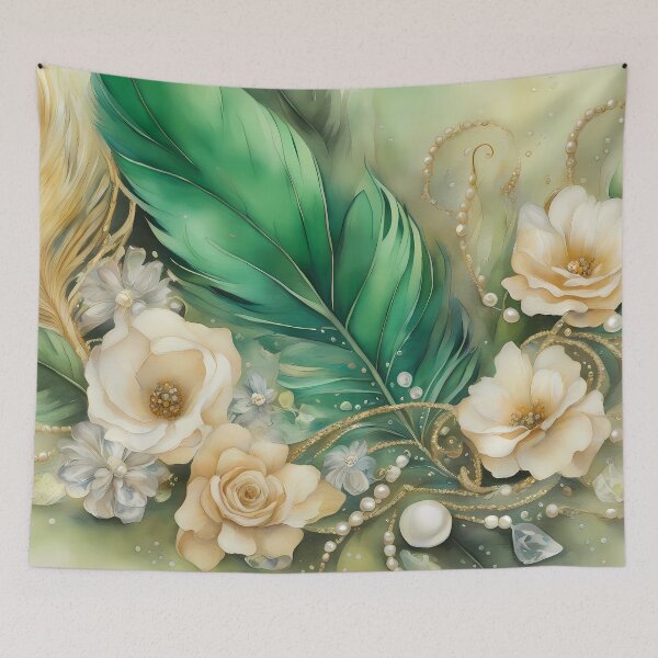 Item preview, Green Feather and Flowers designed and sold by CalmnessbyChoice.