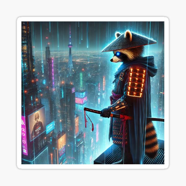 Artikel-Vorschau von Cyber Samurai Raccoon – Wächter der Neon-Skyline, designt und verkauft von FutureBeastsAI.