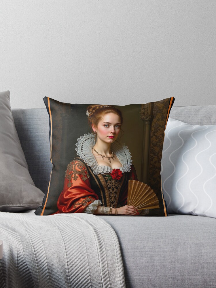 A Timeless Portrait Of Elowen Cordelia Vasquez, A Renaissance Age Beauty AI Concept Art by Xzendor7 4 A Timeless Portrait Of Elowen Cordelia Vasquez, A Renaissance Age Beauty Enchanting AI Concept Art by Xzendor7 Decorative Art Print Throw Pillow