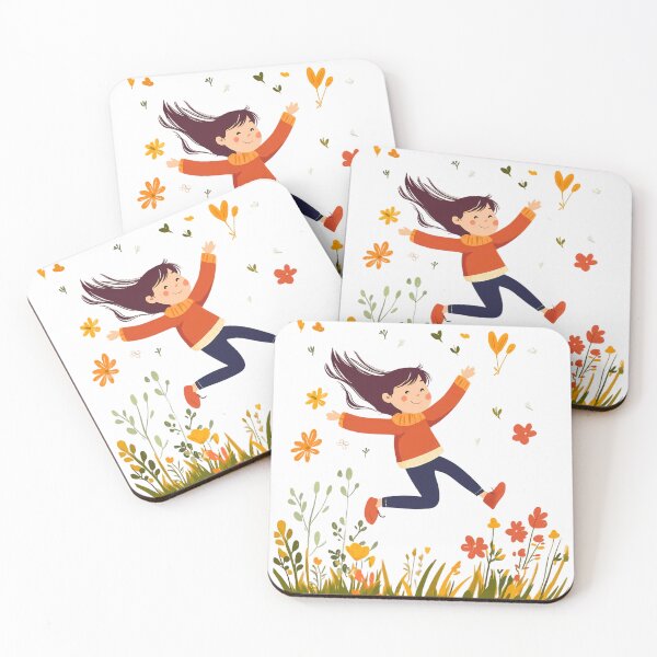 Item preview, Simple Joyful Girl with long brown hair Jumping for Joy in Spring Blooms designed and sold by Vicki Noble Art.