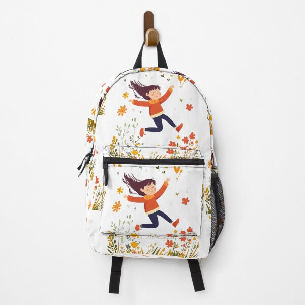 Item preview, Simple Joyful Girl with long brown hair Jumping for Joy in Spring Blooms designed and sold by Vicki Noble Art.