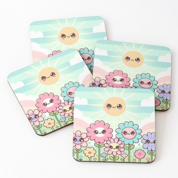 Item preview, Cute kawaii manga cartoon spring flowers pink yellow Blue wildflowers  designed and sold by Coolparrotgirl.