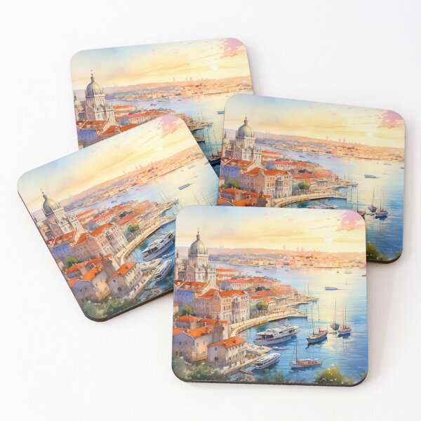 Item preview, Old boats in harbor at sunrise with village - Acrylic landscape painting designed and sold by TheArtistOf2022.