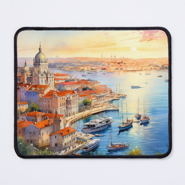 Item preview, Old boats in harbor at sunrise with village - Acrylic landscape painting designed and sold by TheArtistOf2022.