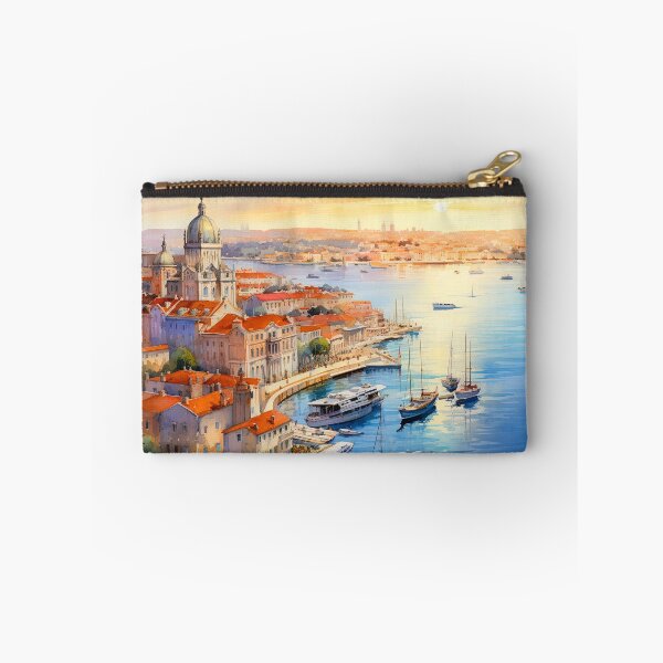 Item preview, Old boats in harbor at sunrise with village - Acrylic landscape painting designed and sold by TheArtistOf2022.