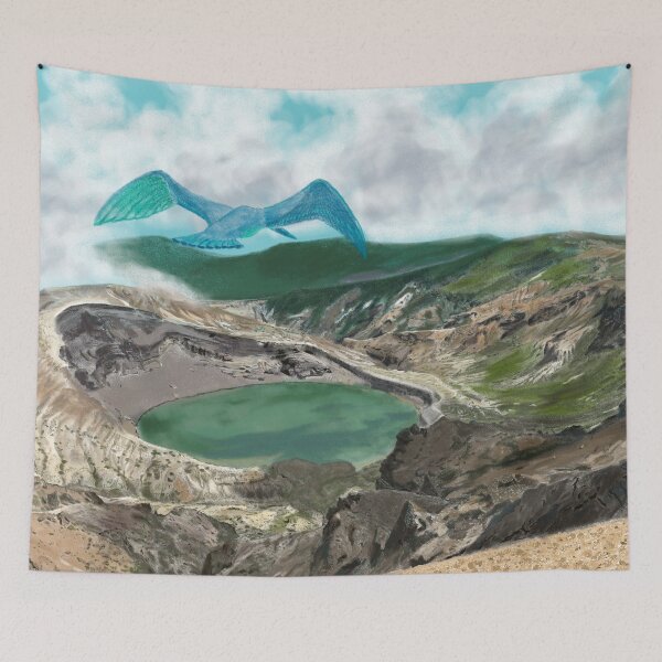 Item preview, A volcano mountain and an ancient blue bird  designed and sold by greenPQBstudio.