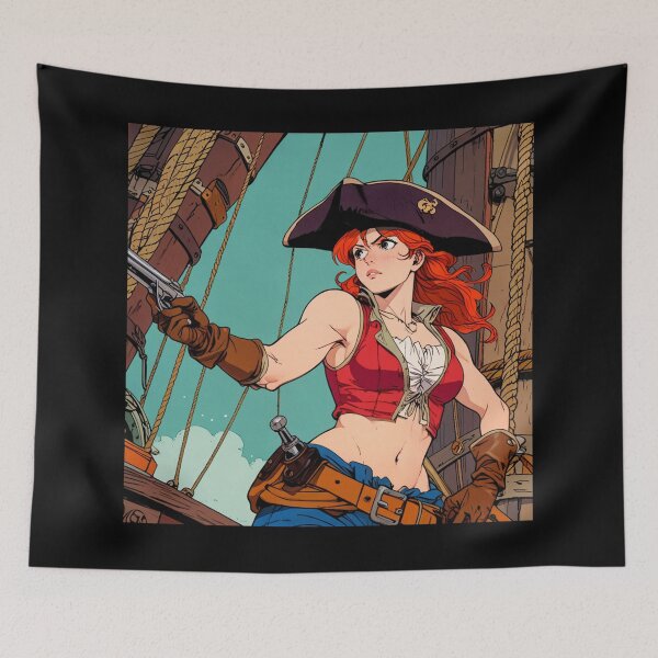 Item preview, Red Head Pirate Queen Anne Bonney vintage Anime Manga Illustration designed and sold by Vintage Designs +.
