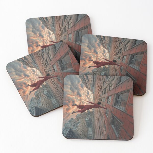 Item preview, Surreal Sky Diver: Red Jumpsuit Flight Over Urban Skyline at Sunset designed and sold by Chroma Myst.