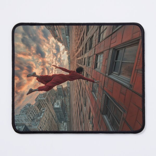 Item preview, Surreal Sky Diver: Red Jumpsuit Flight Over Urban Skyline at Sunset designed and sold by Chroma Myst.
