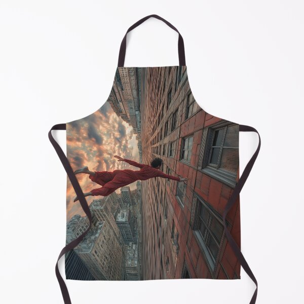 Item preview, Surreal Sky Diver: Red Jumpsuit Flight Over Urban Skyline at Sunset designed and sold by Chroma Myst.