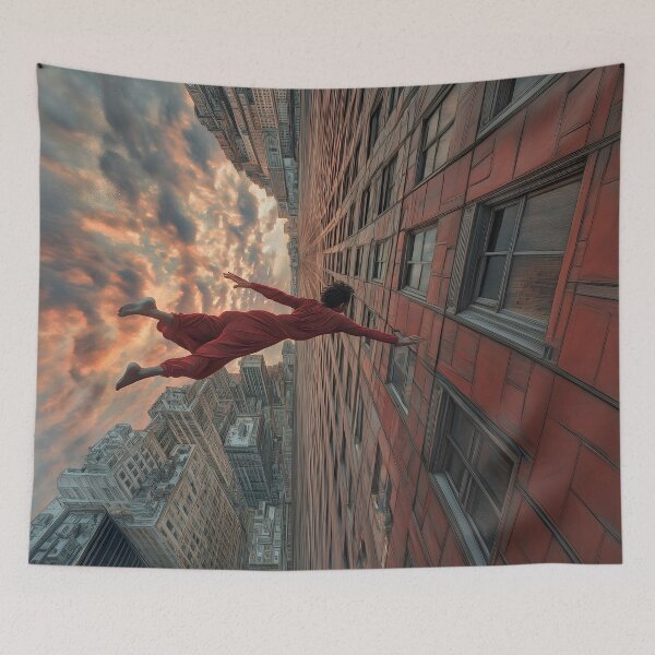 Item preview, Surreal Sky Diver: Red Jumpsuit Flight Over Urban Skyline at Sunset designed and sold by Chroma Myst.
