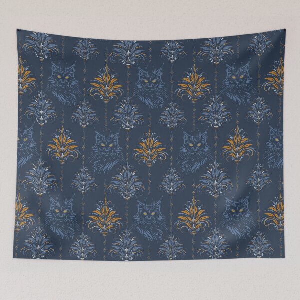 Item preview, Baroque Cat & Floral Damask – Vintage-Inspired Cat Pattern - Navy Blue and Orange designed and sold by wild.geranium.design.