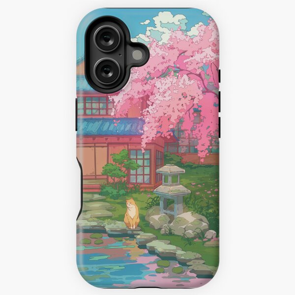 Vista previa del artículo con la obra «Jardín japonés sereno, flores de cerezo y gatos adorables», diseñado y vendido por AnGoArt.