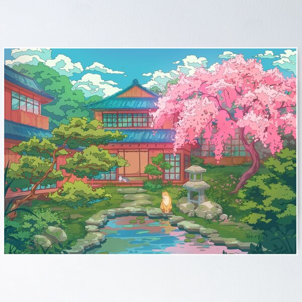 Item preview, Serene Japanese Garden, Cherry Blossoms and cute cats designed and sold by AnGoArt.
