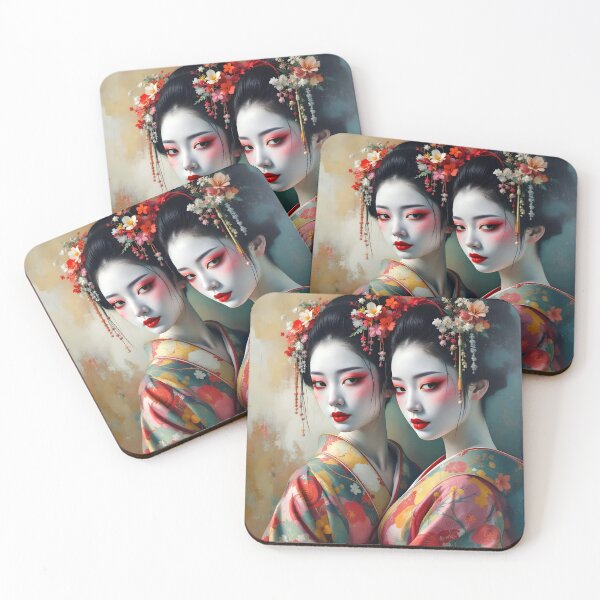 Item preview, Two beautiful Japanese geisha twins in flowers,  kimono, orange  designed and sold by Coolparrotgirl.