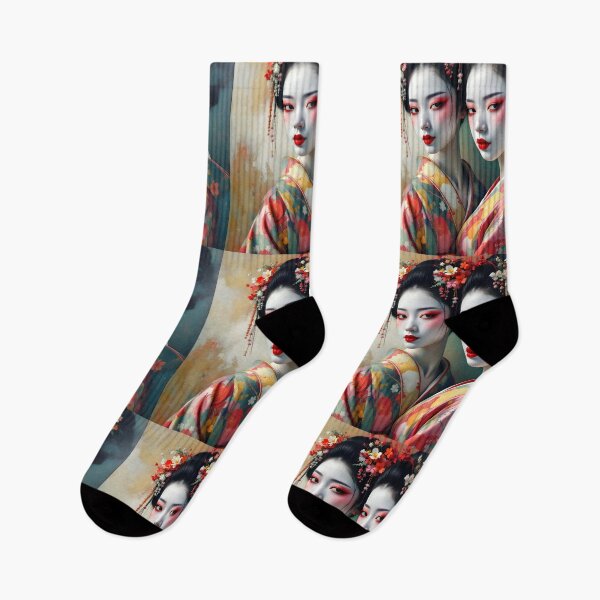 Item preview, Two beautiful Japanese geisha twins in flowers,  kimono, orange  designed and sold by Coolparrotgirl.